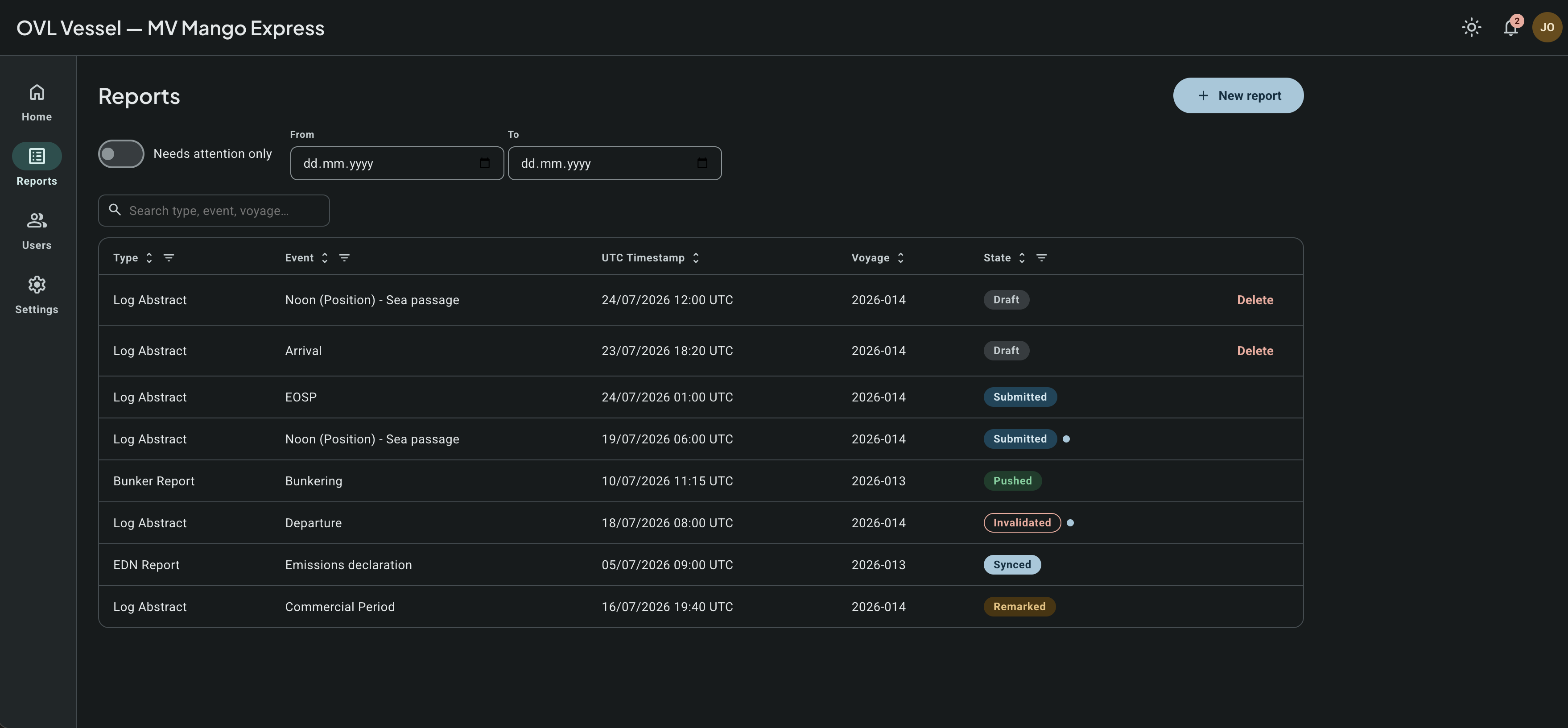 Vessel: Report List